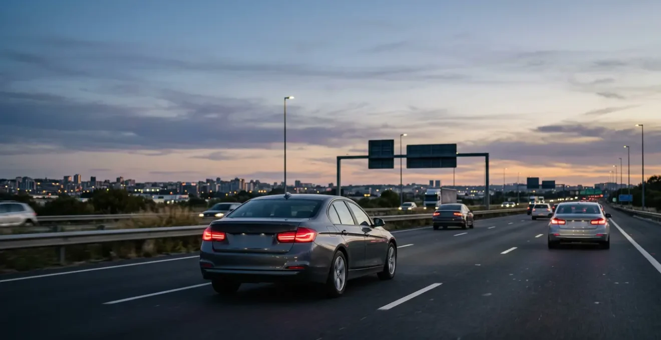 Modern vehicle on highway with invisible radar waves detecting surrounding traffic and road conditions