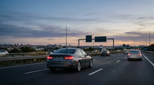 Modern vehicle on highway with invisible radar waves detecting surrounding traffic and road conditions