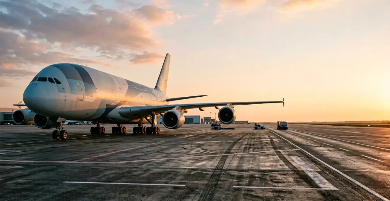 Wide-angle view of commercial aircraft loading bay showing freight containers and ground handling equipment under dramatic sky illustrating global air cargo operations