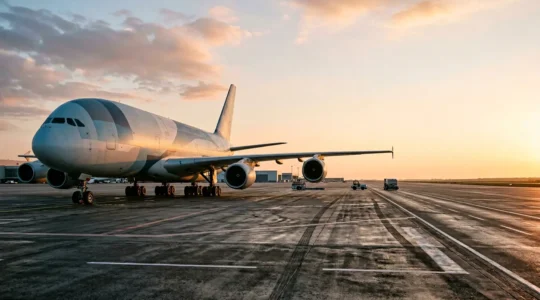 Wide-angle view of commercial aircraft loading bay showing freight containers and ground handling equipment under dramatic sky illustrating global air cargo operations