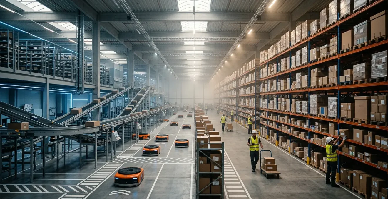 High-tech automated warehouse with robotic systems moving packages at speed contrasted with manual warehouse operations