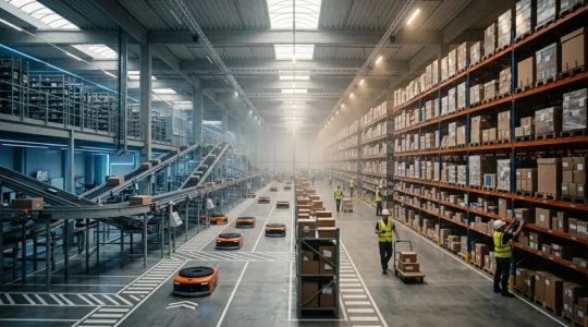 High-tech automated warehouse with robotic systems moving packages at speed contrasted with manual warehouse operations