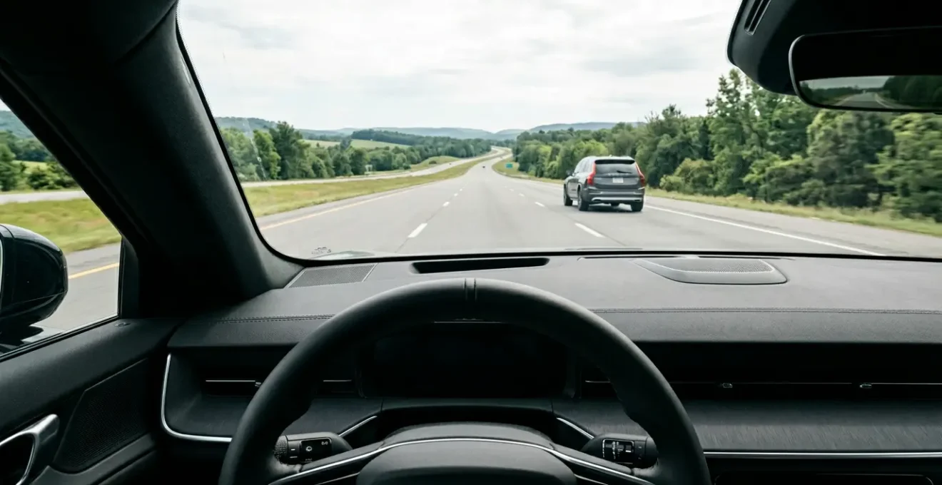 Modern car dashboard view during automatic emergency braking activation on highway