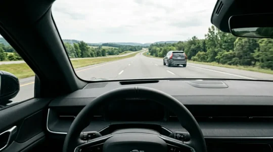 Modern car dashboard view during automatic emergency braking activation on highway