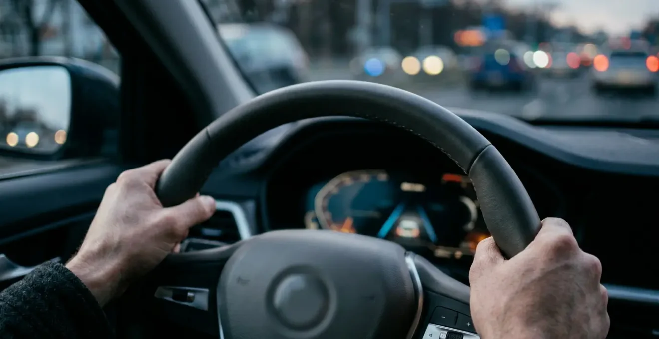 Driver's hands gripping steering wheel inside modern vehicle with subtle dashboard lights indicating active driver assistance systems