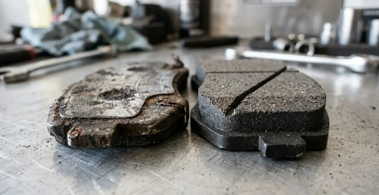 Close-up view of automotive brake components showing the critical difference between new and worn brake pads in a professional workshop setting