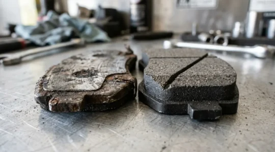 Close-up view of automotive brake components showing the critical difference between new and worn brake pads in a professional workshop setting