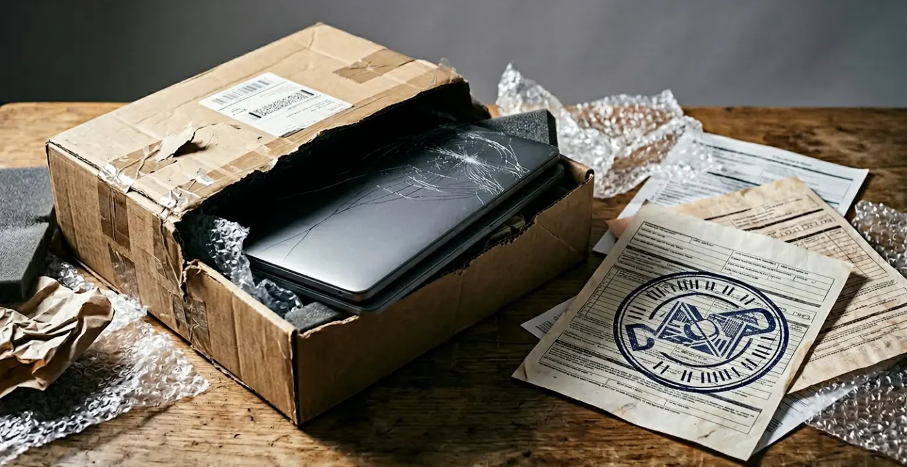 High-value electronics package with damaged contents revealing insurance documentation and shipping labels in dramatic lighting