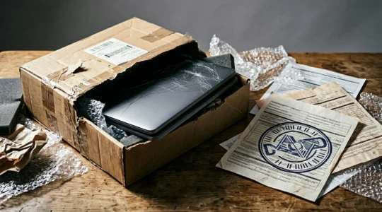 High-value electronics package with damaged contents revealing insurance documentation and shipping labels in dramatic lighting