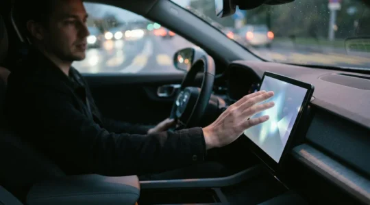 Driver's hand reaching toward car infotainment touchscreen while driving, illustrating modern vehicle control distraction