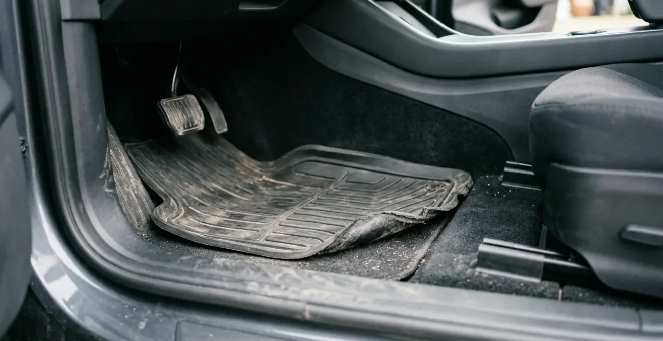Cheap rubber floor mat sliding forward under vehicle pedals creating safety hazard