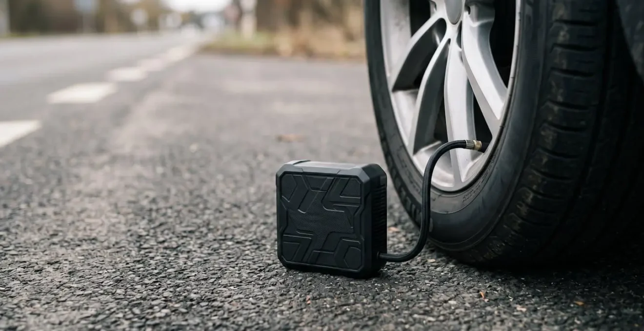 Portable tire inflator connected to car wheel during roadside emergency highlighting slow inflation issue
