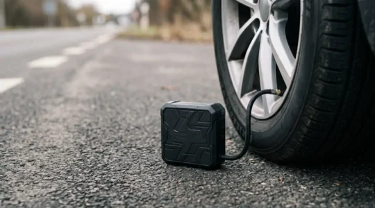 Portable tire inflator connected to car wheel during roadside emergency highlighting slow inflation issue