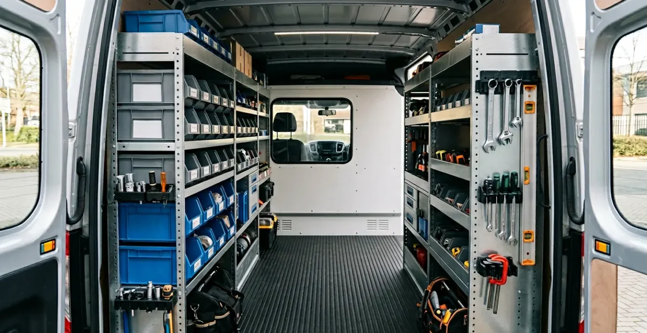 Commercial van interior showing organized cargo area with systematic racking layout and efficient tool storage zones
