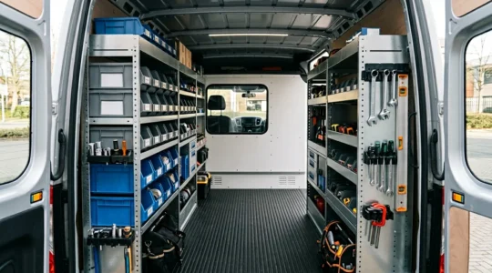 Commercial van interior showing organized cargo area with systematic racking layout and efficient tool storage zones