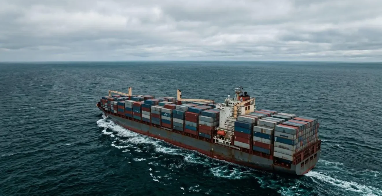 Container ship navigating ocean waters on international shipping route from China to UK