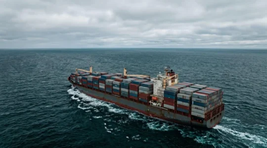 Container ship navigating ocean waters on international shipping route from China to UK