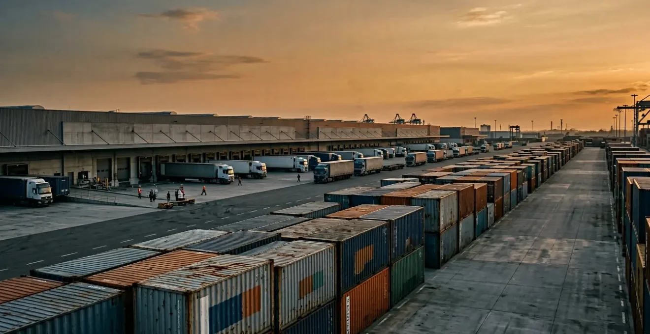 Commercial warehouse loading dock at dusk with shipping containers and freight trucks showing the tension between scheduled departure and actual delivery delays