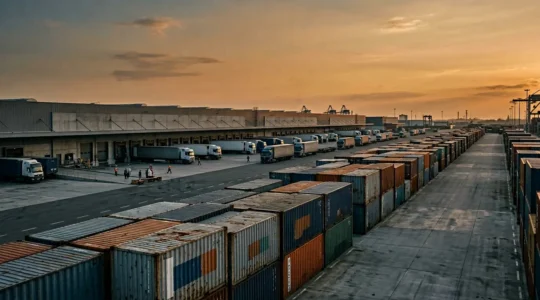 Commercial warehouse loading dock at dusk with shipping containers and freight trucks showing the tension between scheduled departure and actual delivery delays
