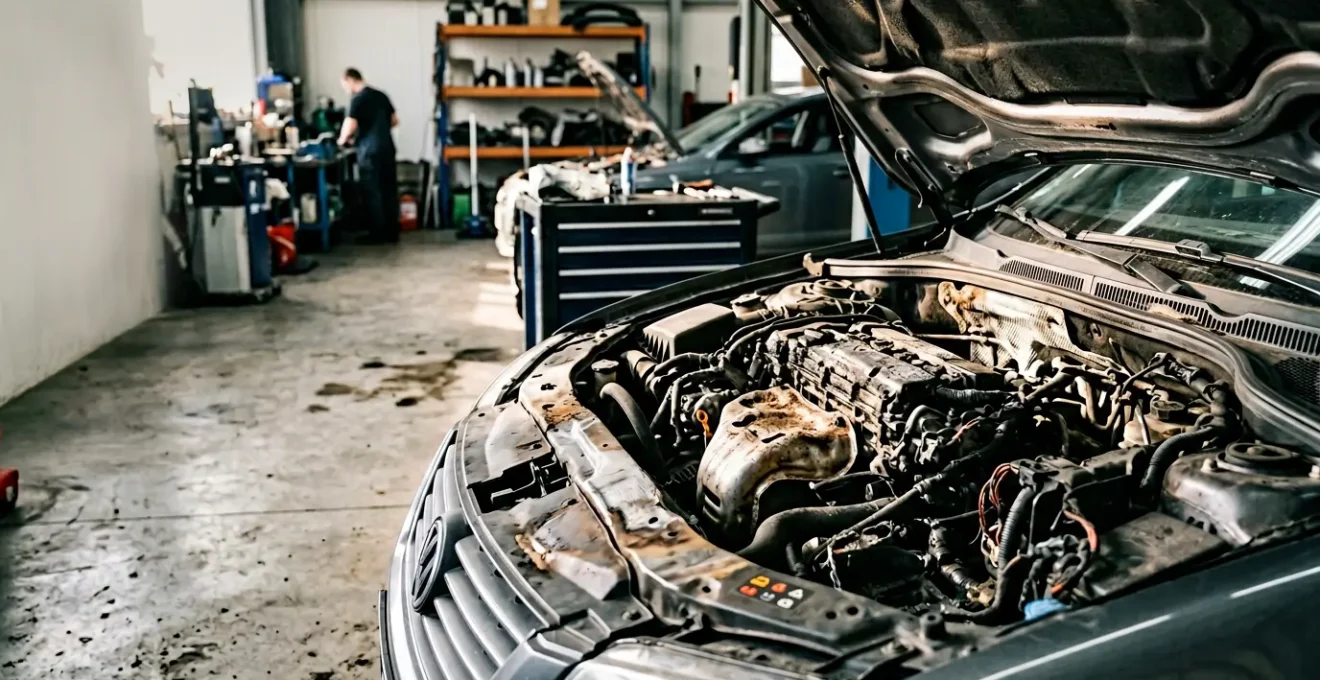 Damaged engine compartment showing severe overheating consequences with warning light