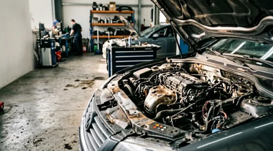 Damaged engine compartment showing severe overheating consequences with warning light