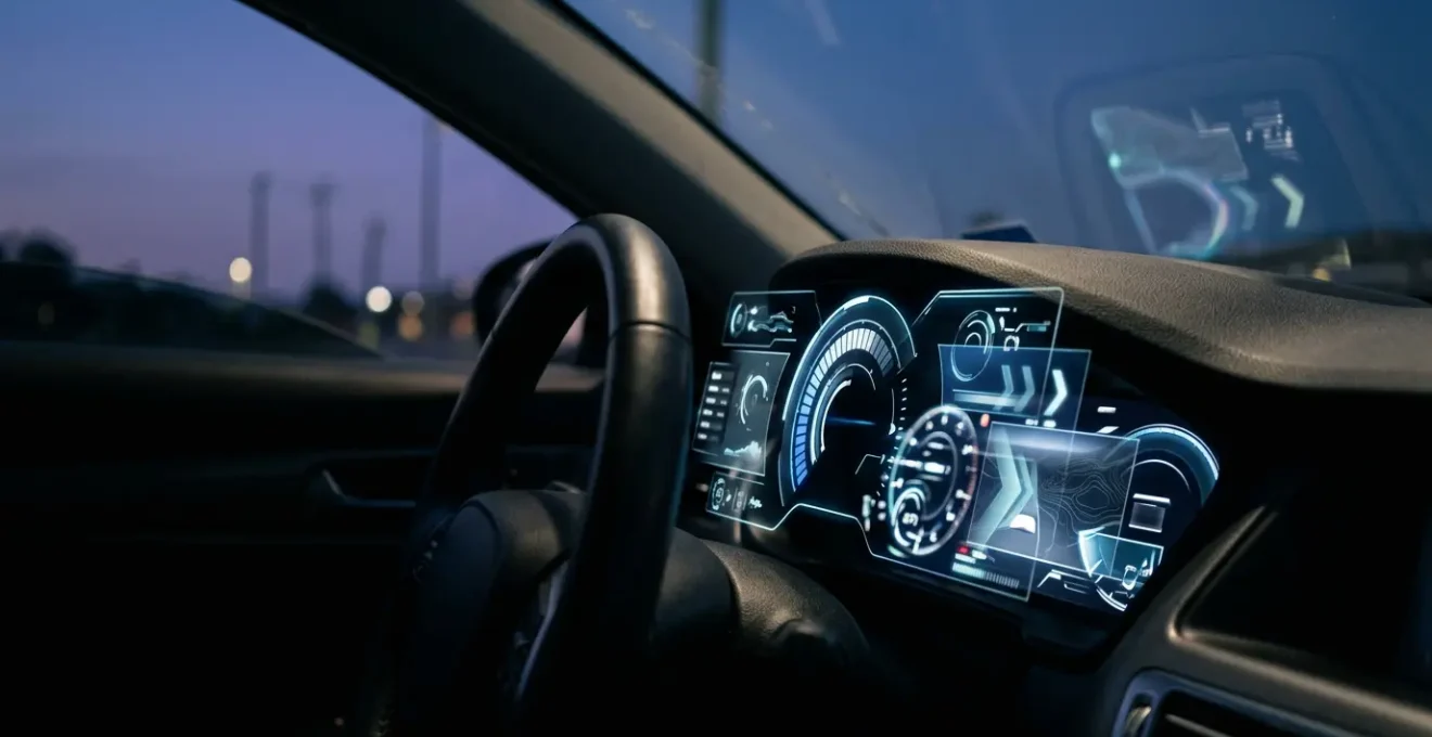 Modern car digital dashboard display showing complex information layers