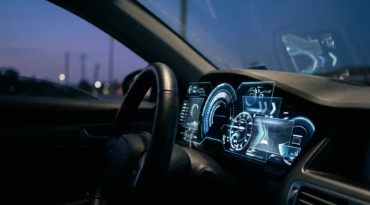Modern car digital dashboard display showing complex information layers