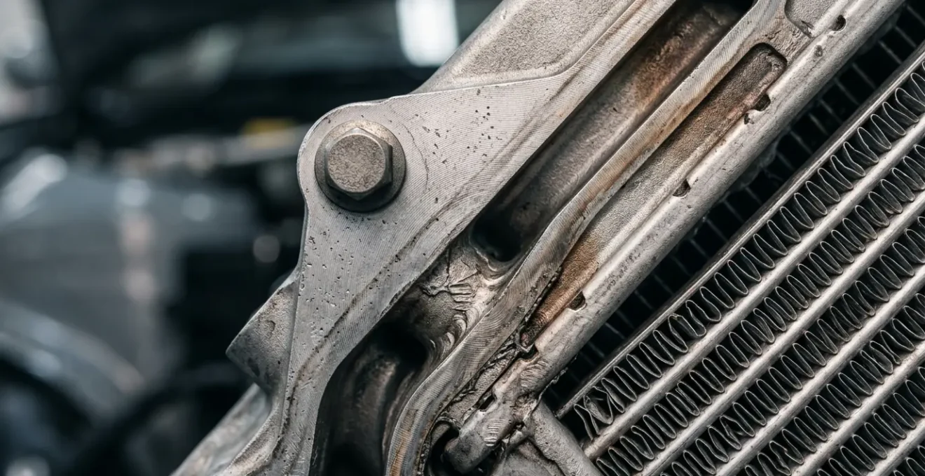 Detailed automotive cooling system component showing radiator and engine block connection