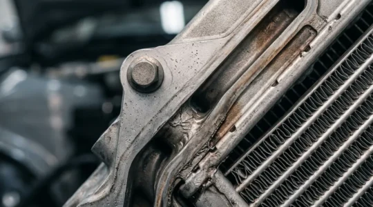 Detailed automotive cooling system component showing radiator and engine block connection