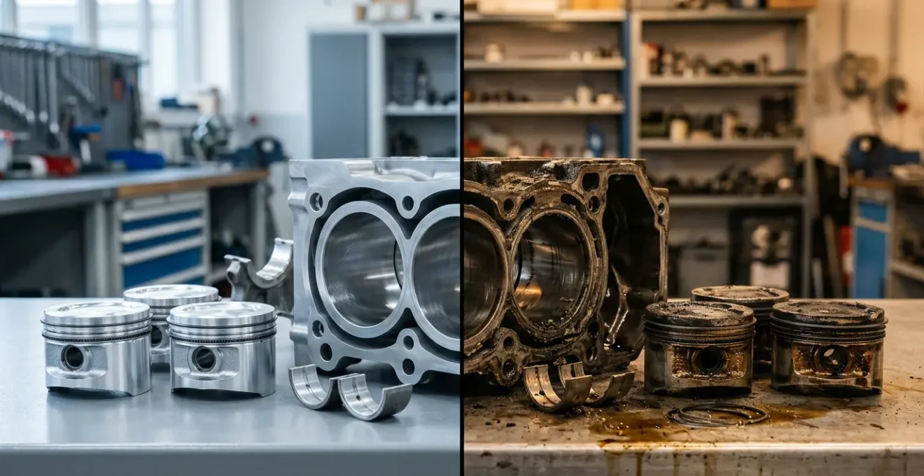 Professional automotive comparison showing pristine and worn engine components representing maintenance choices