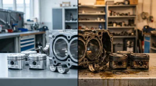 Professional automotive comparison showing pristine and worn engine components representing maintenance choices