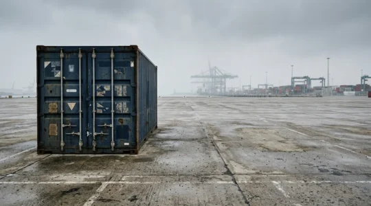 Cargo container at port border checkpoint during customs processing delay