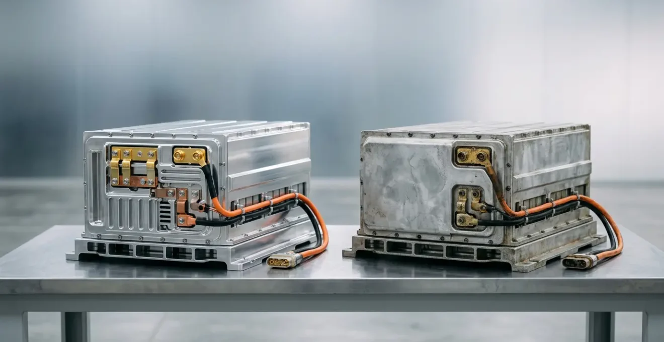 Visual comparison representing electric vehicle battery capacity retention showing contrast between well-maintained and degraded battery performance