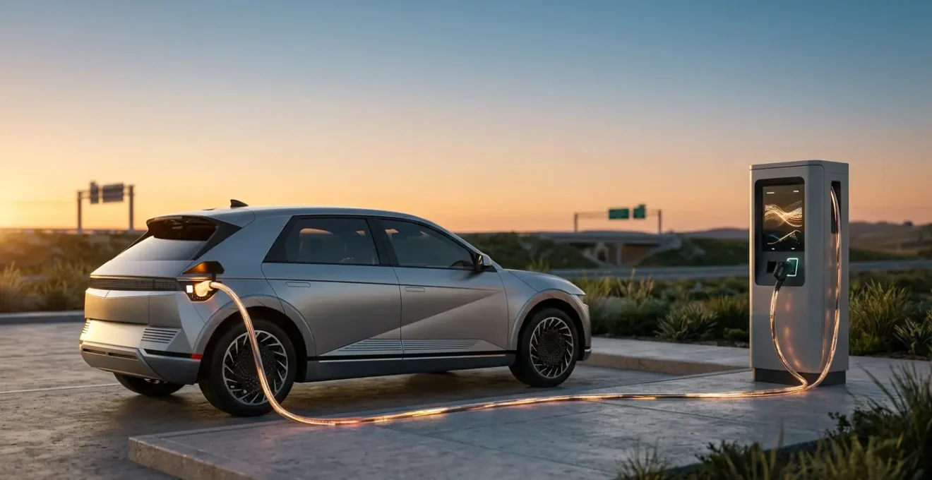 Modern electric vehicle connected to rapid charging station showing dynamic power transfer visualization