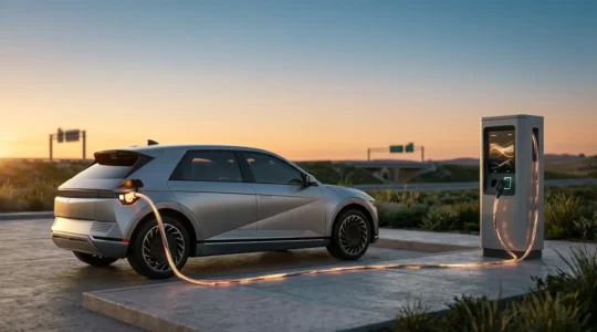Modern electric vehicle connected to rapid charging station showing dynamic power transfer visualization