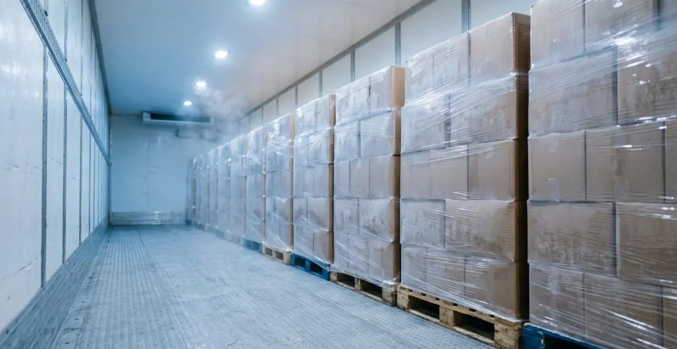 Temperature-controlled frozen food transportation showing thermal monitoring in refrigerated logistics