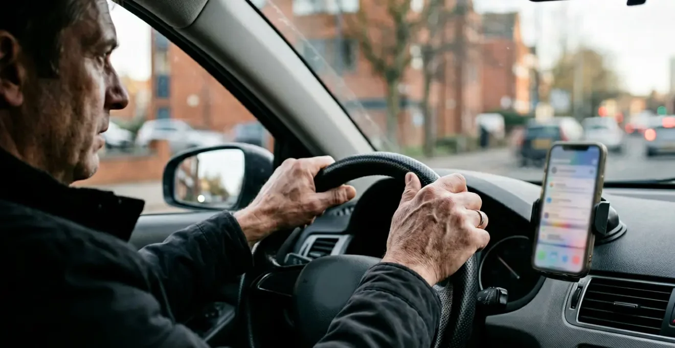 Close-up of concerned driver checking mobile phone showing £8 CAZ charge notification inside modern car interior