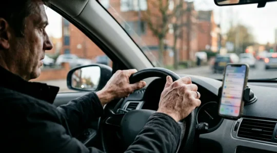Close-up of concerned driver checking mobile phone showing £8 CAZ charge notification inside modern car interior