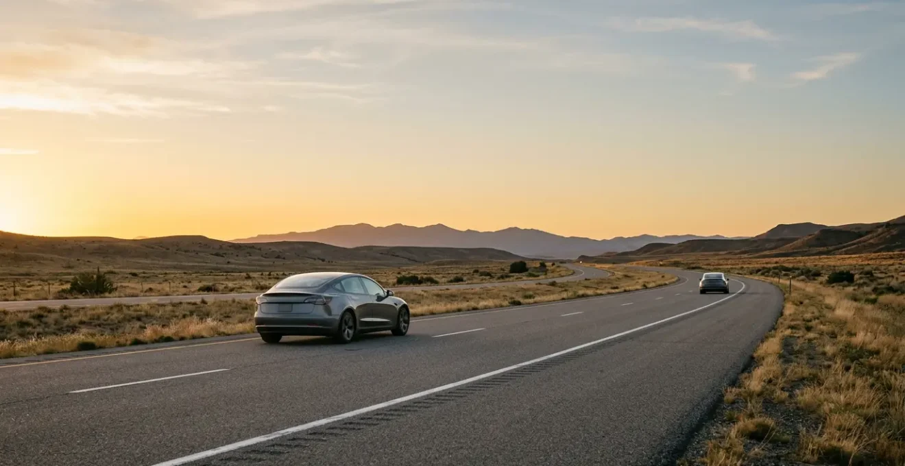 Wide angle editorial photograph of two identical modern sedans on an open highway at golden hour, one driving efficiently and one less so, emphasizing the human factor in fuel efficiency