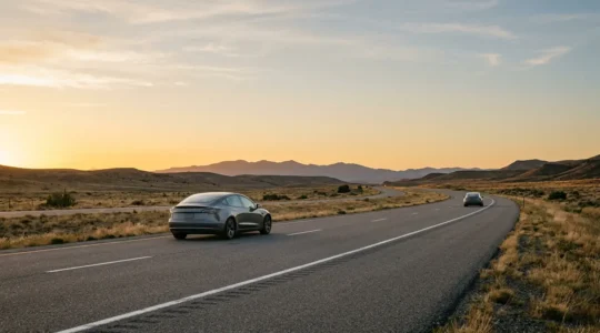 Wide angle editorial photograph of two identical modern sedans on an open highway at golden hour, one driving efficiently and one less so, emphasizing the human factor in fuel efficiency