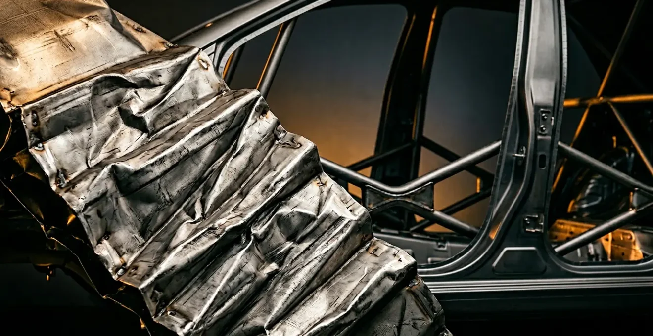 Close-up of automotive crash structure showing engineered crumple zone and reinforced passenger cabin safety cell