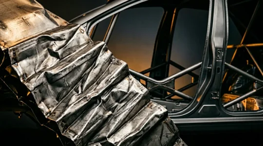 Close-up of automotive crash structure showing engineered crumple zone and reinforced passenger cabin safety cell