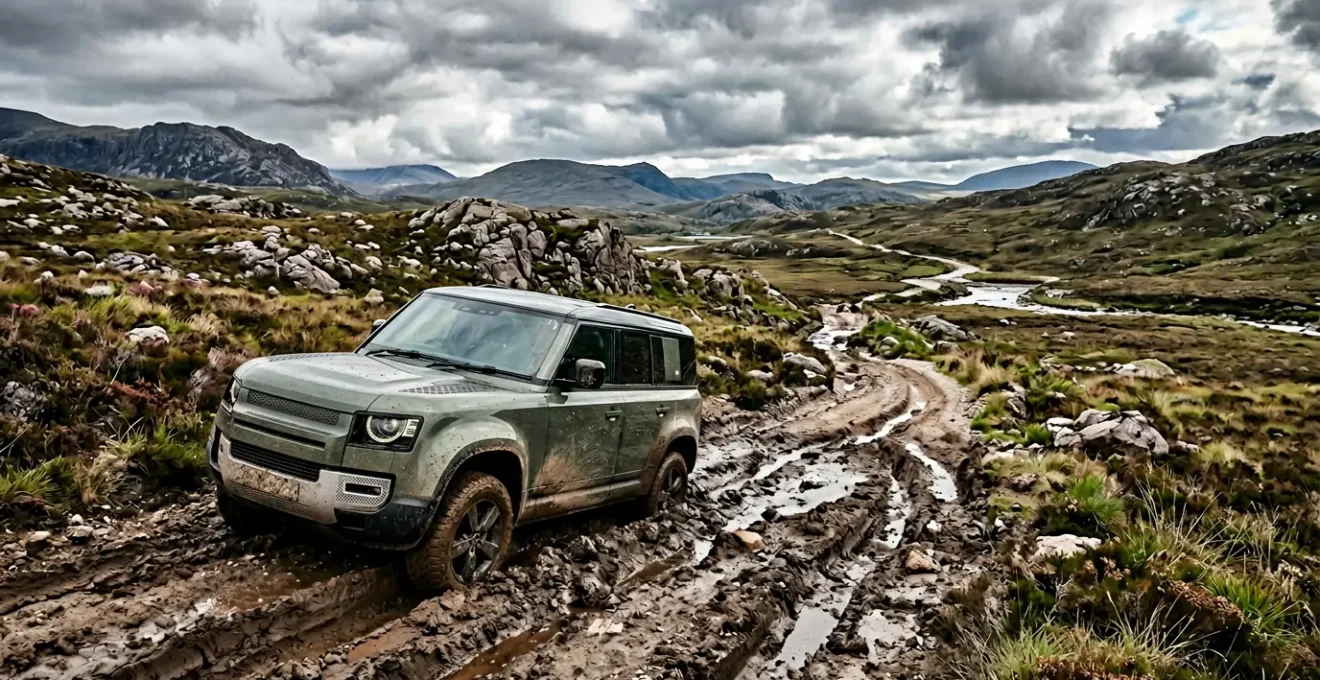 Off-road expedition vehicle stuck in challenging terrain during early stages of journey