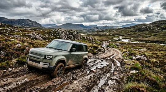 Off-road expedition vehicle stuck in challenging terrain during early stages of journey