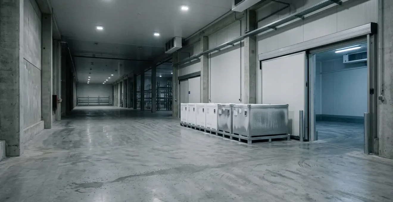 Temperature-controlled pharmaceutical shipment in refrigerated storage awaiting customs clearance with monitoring equipment