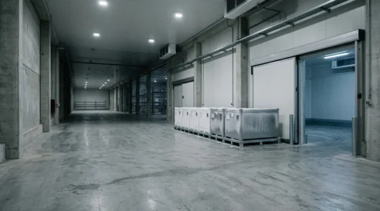 Temperature-controlled pharmaceutical shipment in refrigerated storage awaiting customs clearance with monitoring equipment