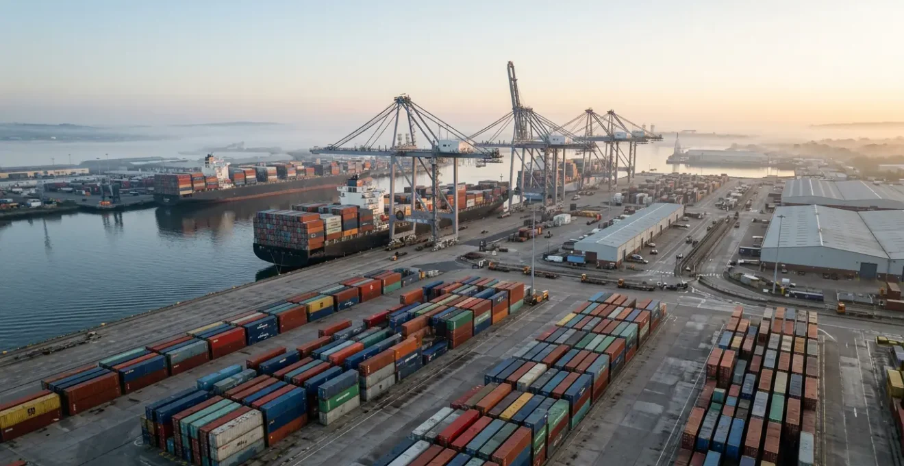 Aerial view of busy UK port with shipping containers and freight vessels, showcasing modern post-Brexit logistics infrastructure