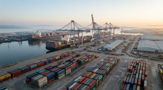 Aerial view of busy UK port with shipping containers and freight vessels, showcasing modern post-Brexit logistics infrastructure