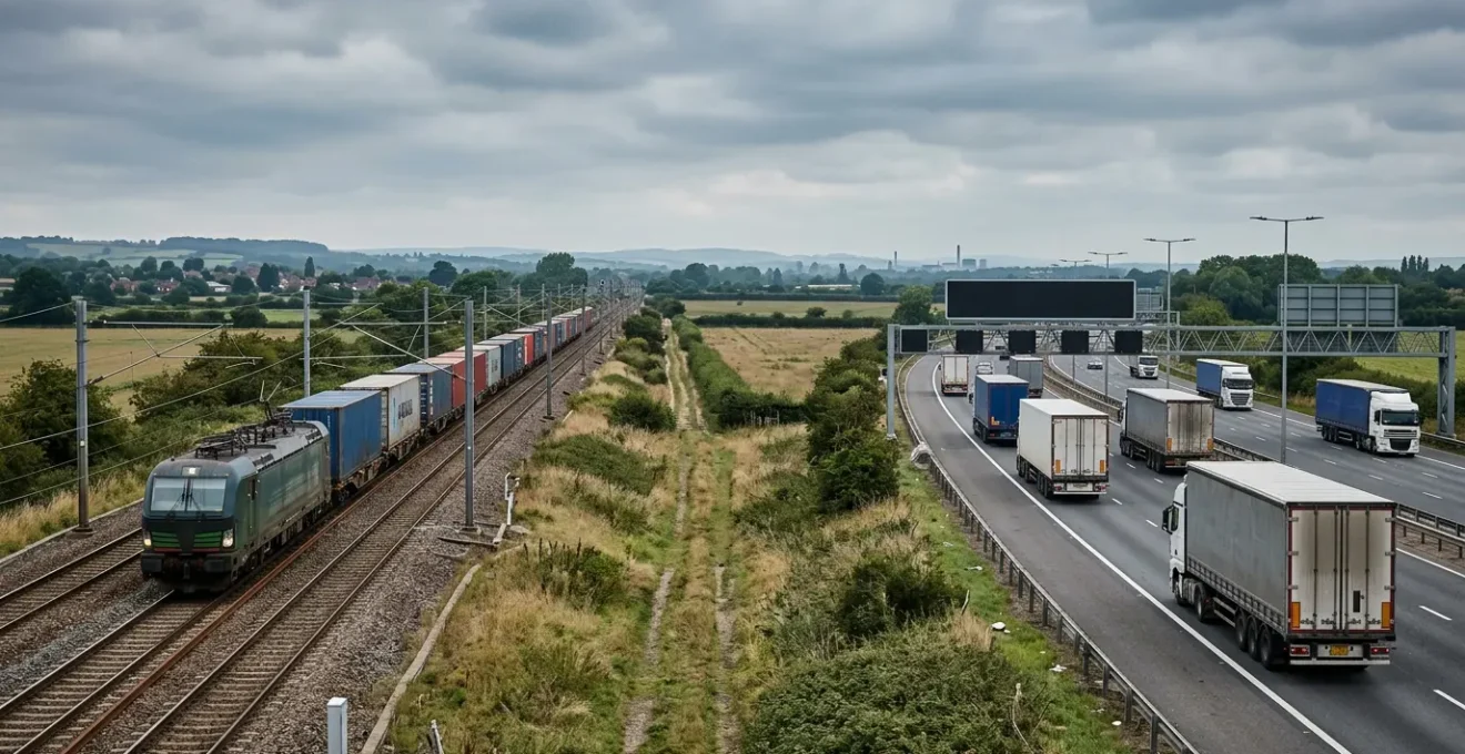 Wide composition showing rail freight wagons and road trucks in parallel perspective illustrating modal shift economics