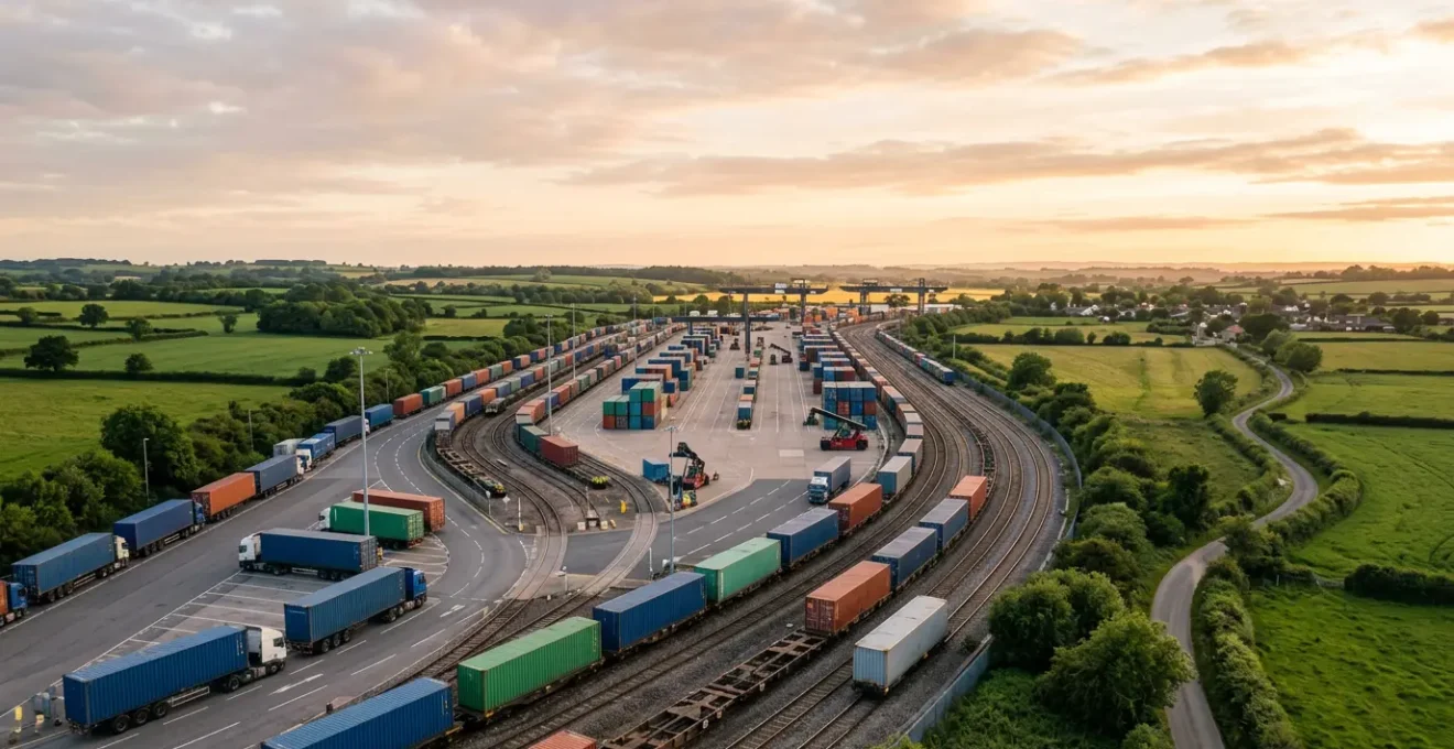 Aerial view of modern UK rail freight terminal showing intermodal containers being transferred between rail and road transport modes